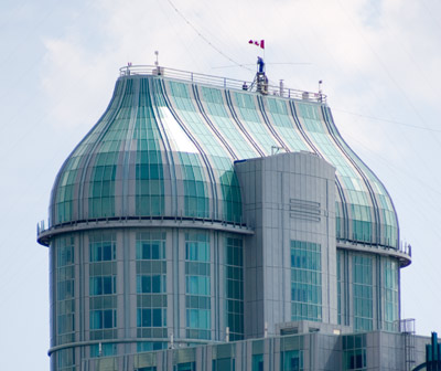 Jay Cochrane making his decision to cancel today's walk between the Niagara Fallsview Casino and Resort and the Skylon Tower in Niagara Falls