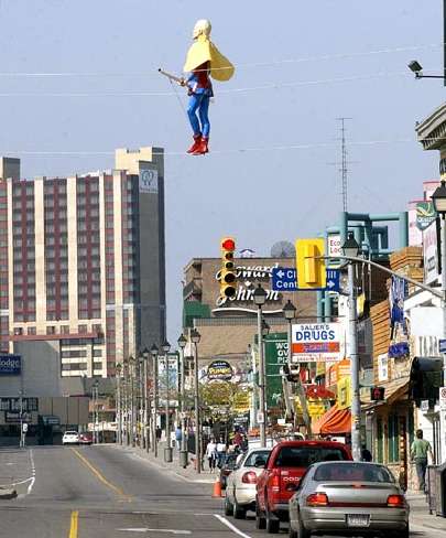 Blondin on tightrope over Victoria Avenue in Niagara Falls