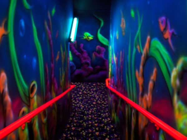 Galaxy Golf hole 18 - hallway leading down